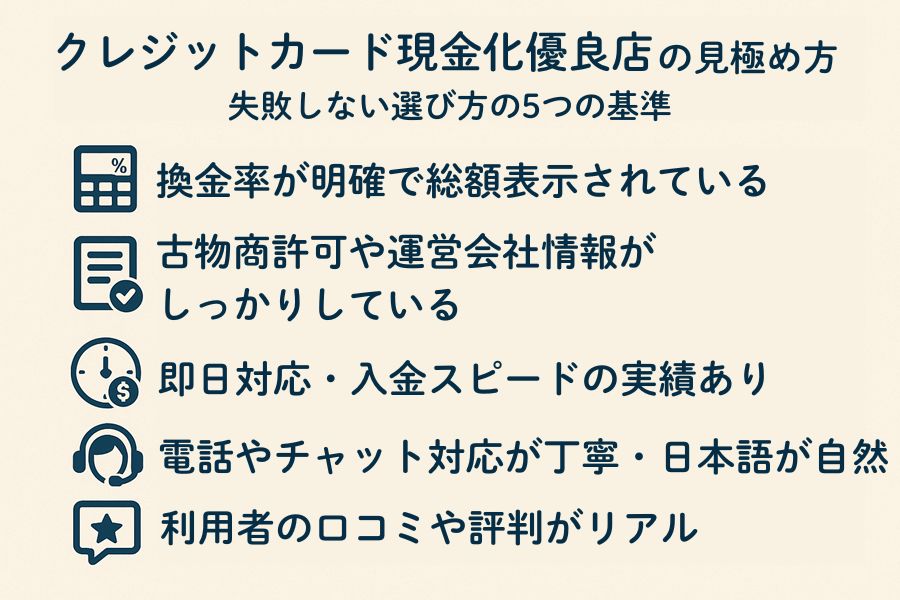 クレジットカード現金化優良店の見極め方｜失敗しない選び方の5つの基準
